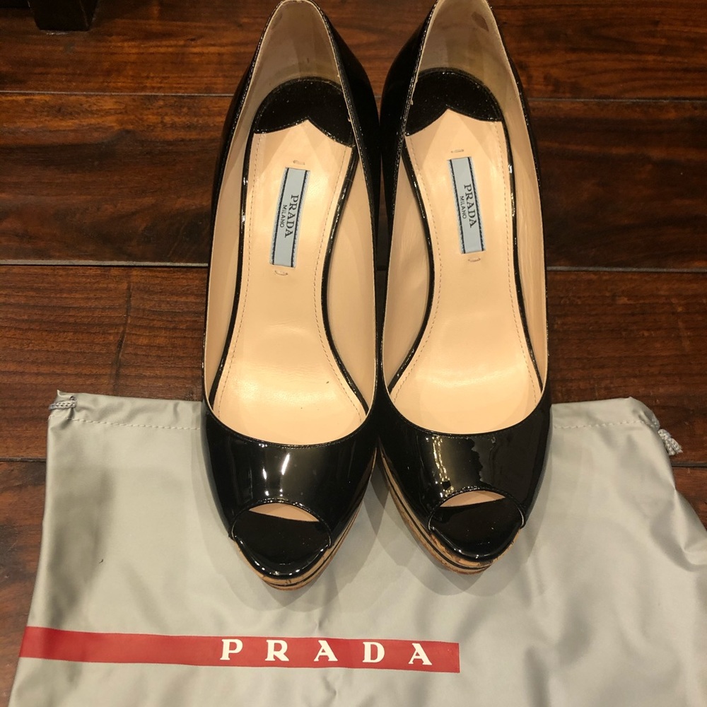 Prada patent cork wedge